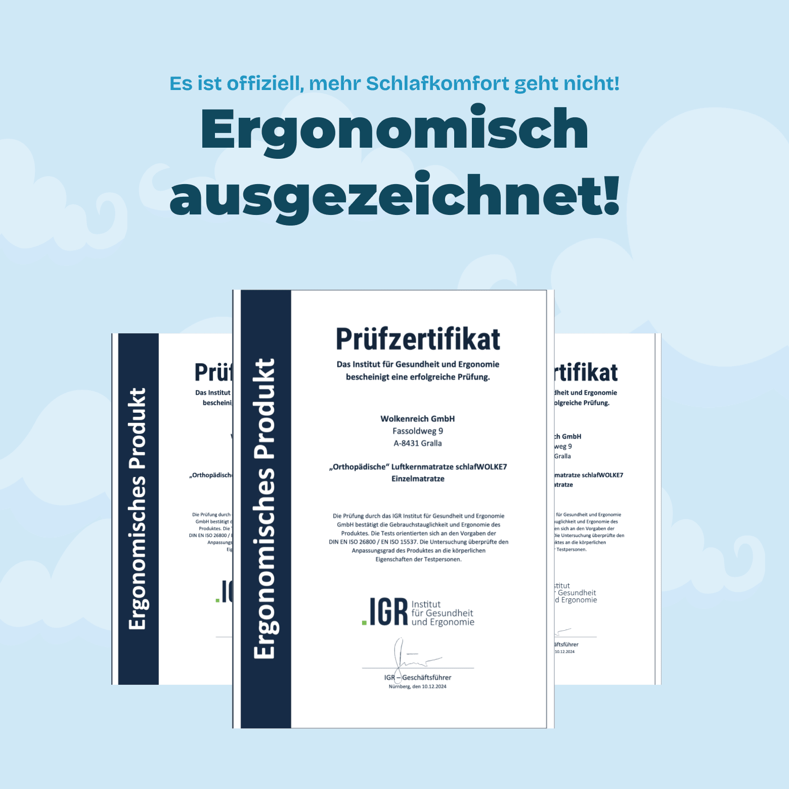 Wolkenreich Luftkernmatratze SchlafWolke7 - Ergonomisch ausgezeichnet durch Zertifikat