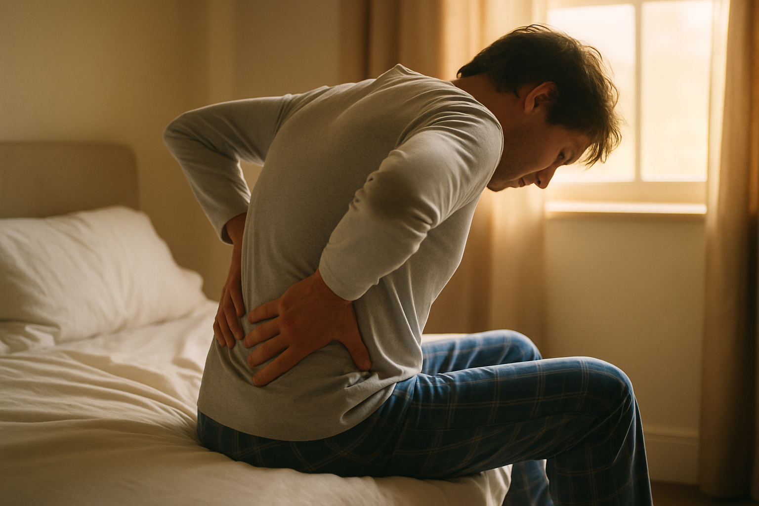 Mann streckt sich morgens entspannt im Bett